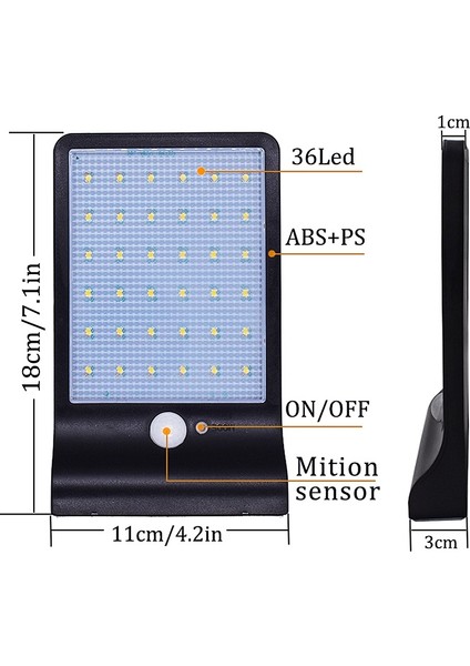 450LM 36LED Solar Sokak Lambası Montaj Çubuğu Spor Işık Hareket Sensörü Işık Bahçe Duvar Lambası Beyaz (Yurt Dışından)