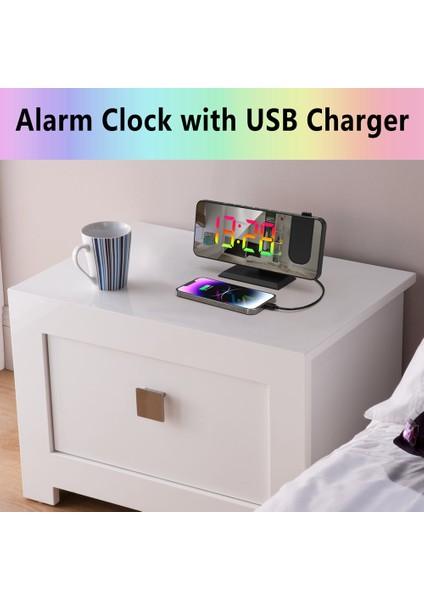 Yatak Odası Için Projeksiyon Çalar Saat, LED Ekran Tavan Dijital Radyo Çalar Saat, USB Şarj Cihazı ve Çift Alarmlı Beyaz (Yurt Dışından)