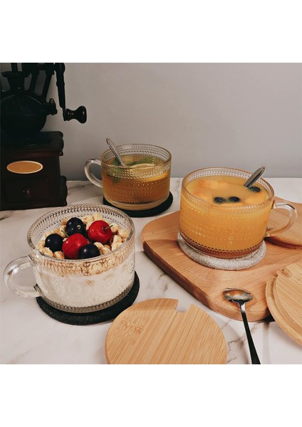 Vintage Kahve Bardağı Kupa Seti 2'li, Bambu Kapaklı Cam Kahve Çay Bardakları, Bardak Altlığı ve Kaşık, 15OZ Şeffaf Kabartmalı B (Yurt Dışından) modelleri