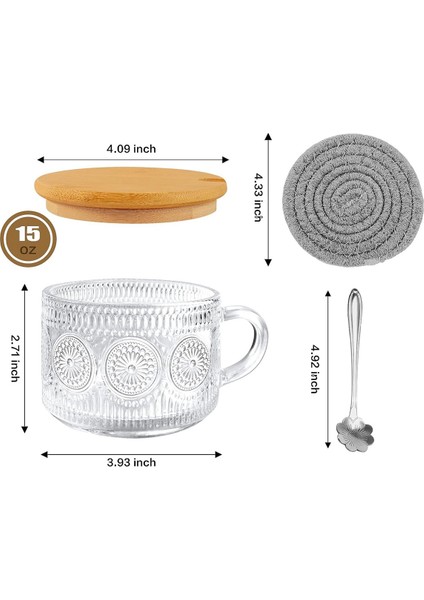 Vintage Kahve Bardağı Kupa Seti 2'li, Bambu Kapaklı Cam Kahve Çay Bardakları, Bardak Altlığı ve Kaşık, 15OZ Şeffaf Kabartmalı B (Yurt Dışından) fırsatları