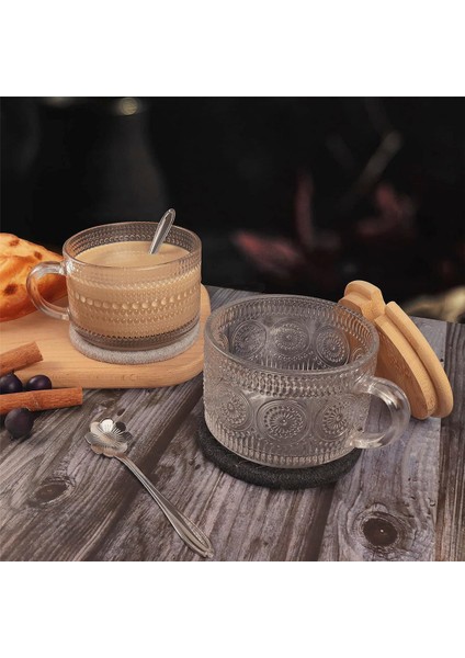 Vintage Kahve Bardağı Kupa Seti 2'li, Bambu Kapaklı Cam Kahve Çay Bardakları, Bardak Altlığı ve Kaşık, 15OZ Şeffaf Kabartmalı B (Yurt Dışından) indirimleri