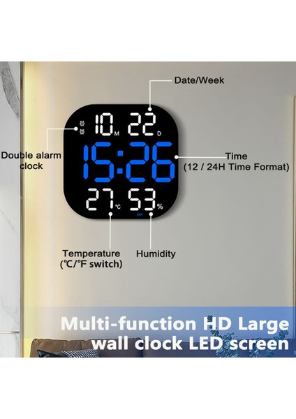LED Dijital Duvar Saati Uzaktan Kumanda Sıcaklık Tarih Hafta Ekranı Ayarlanabilir Parlaklık Masa Çalar Saat Mavi (Yurt Dışından)