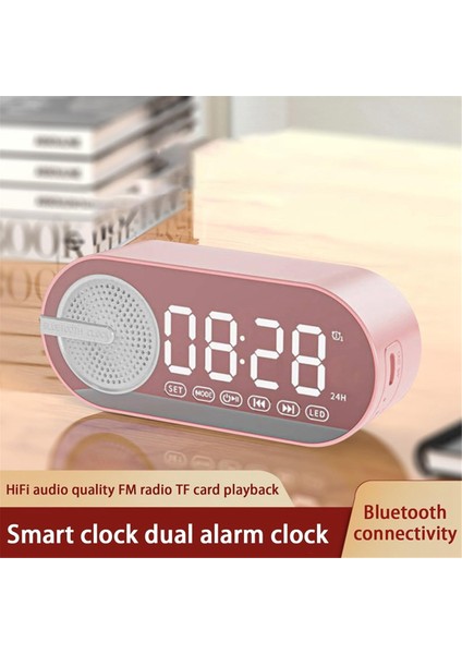 Renkli Gece Lambası ile Dijital Saatli Taşınabilir Bluetooth Hoparlör Çift Çalar Saat Ayna Subwoofer Pembe (Yurt Dışından)