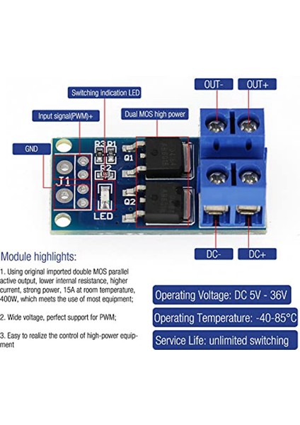 30PCS Mosfet Anahtar Sürücü Modülü Dc 5V-36V 15A(MAX 30A) 400W Çift Yüksek Güç 0-20KHZ Pwm Dc Motor Hız Kontrol Cihazı (Yurt Dışından)