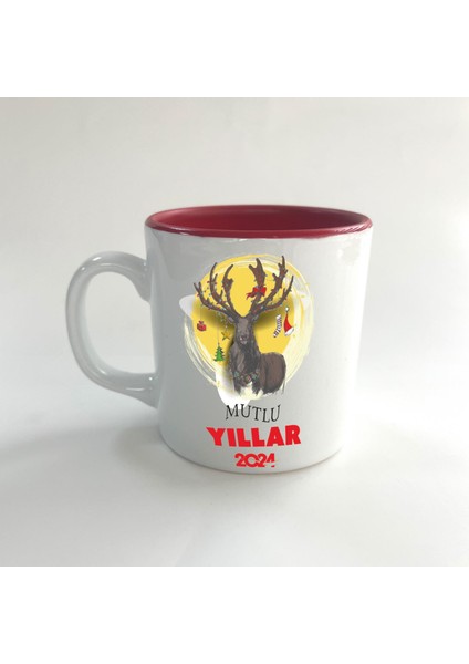 Mutlu Yıllar 2024 Geyik Baskılı Kırmızı Multi Yılbaşı Kupası