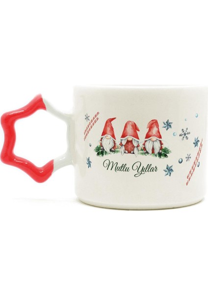 Mutlu Yıllar 3 Noel Baba Baskılı Kırmızı Kulplu Yıldız Yılbaşı Kupası