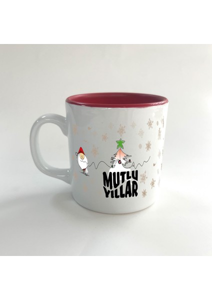 Mutlu Yıllar Kar Taneleri Baskılı Kırmızı Multi Yılbaşı Kupası