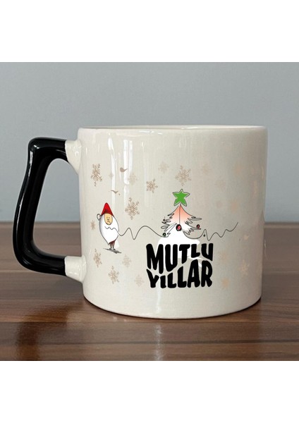 Mutlu Yıllar Kar Taneleri Baskılı Siyah Kulplu D Yılbaşı Kupası