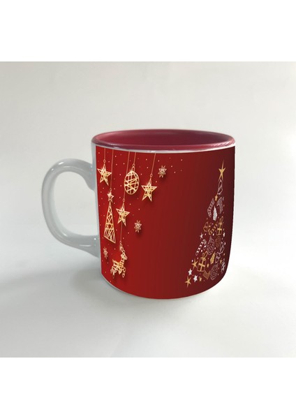 Çam Ağacı Süsleri Baskılı Kırmızı Multi Yılbaşı Kupası
