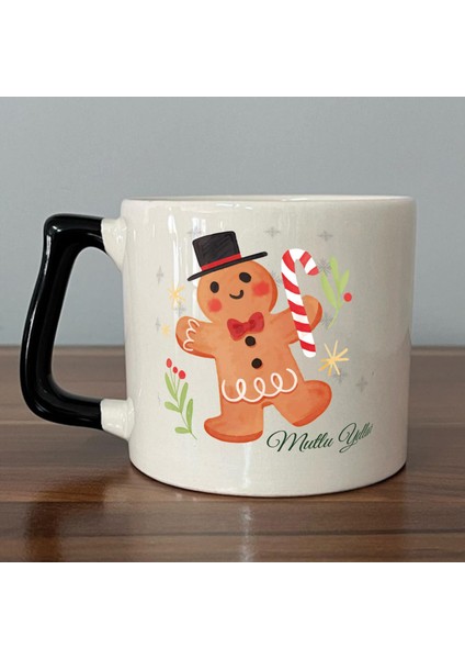 Mutlu Yıllar Kurabiye Adam Baskılı Siyah Kulplu D Yılbaşı Kupası