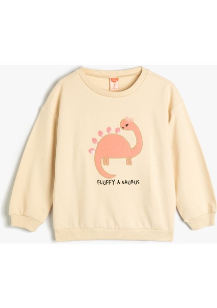 Dinozorlu Sweatshirt Bisiklet Yaka Uzun Kollu Şardonlu Pamuklu