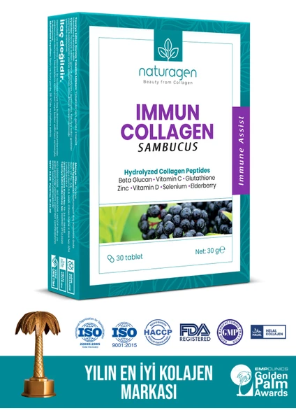 Immun Sambucus (Karamürver),Collagen,Beta Glukan,Vitamin A-B6-B12-C-D-E,Selenyum,Çinko 30'lu Tablet