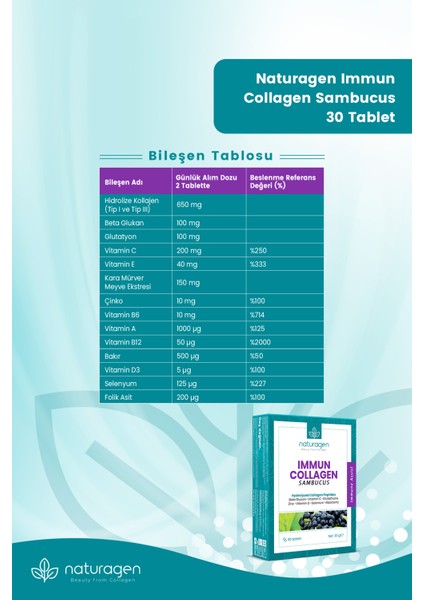 Immun Sambucus (Karamürver),Collagen,Beta Glukan,Vitamin A-B6-B12-C-D-E,Selenyum,Çinko 30'lu Tablet