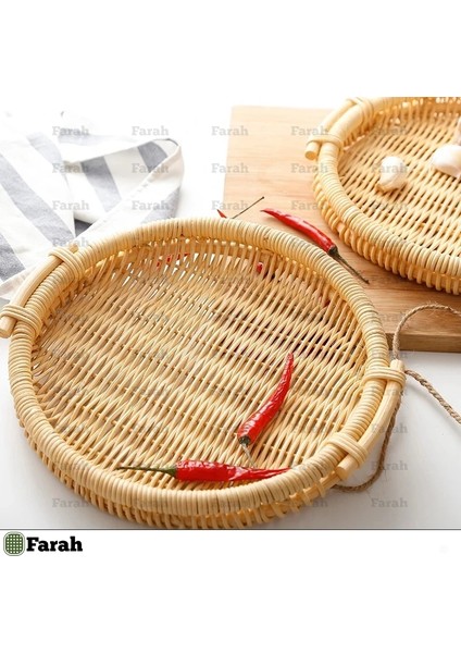 2'li Set - El Yapımı Yuvarlak ve Dikdörtgen Rattan Düzenleyici - Servis ve Sunum Tepsisi
