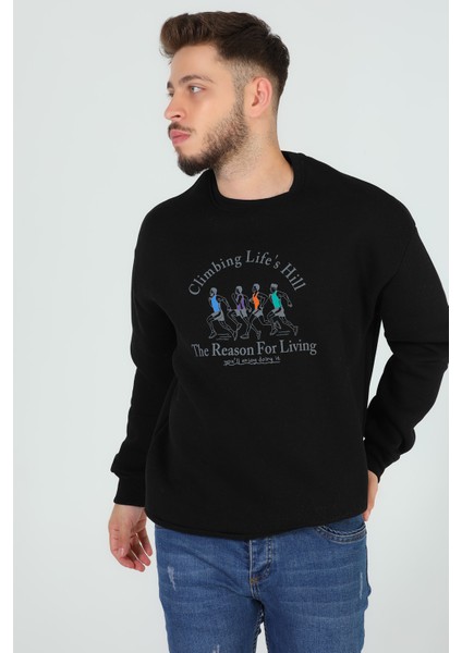 Siyah Erkek Bisiklet Yaka Baskılı Üç Iplik Şardonlu Sweatshirt P-00006400