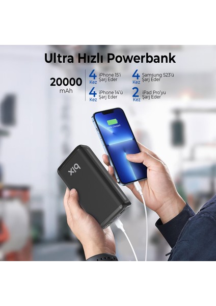 BXPB21 20000MAH Usb-A 22.5W ve Type-C Pd 20W Çift Çıkışlı LED Ekranlı Powerbank Siyah