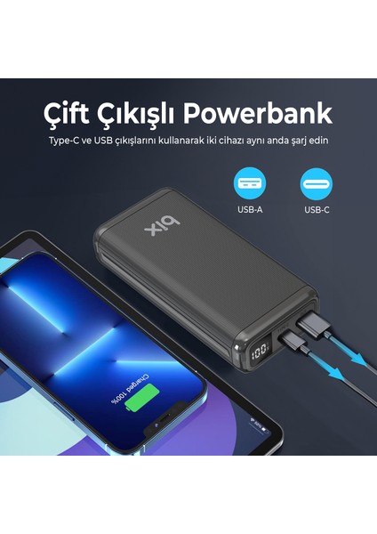 BXPB21 20000MAH Usb-A 22.5W ve Type-C Pd 20W Çift Çıkışlı LED Ekranlı Powerbank Siyah