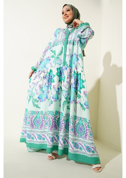 2423 Otantik Desenli Tesettür Elbise - D. Mint