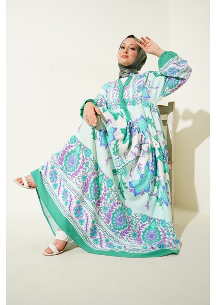 2423 Otantik Desenli Tesettür Elbise - D. Mint modelleri