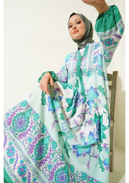 2423 Otantik Desenli Tesettür Elbise - D. Mint fırsatları