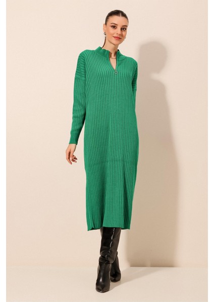 15839 Boydan Triko Elbise - Yeşil