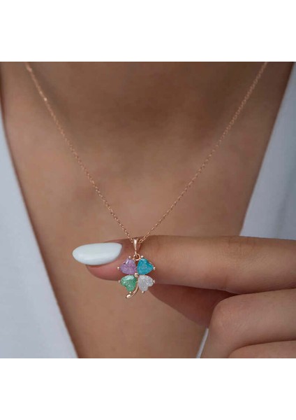 Gümüş Rose Renkli Taşlı Kalp Yonca Kadın Kolye modelleri