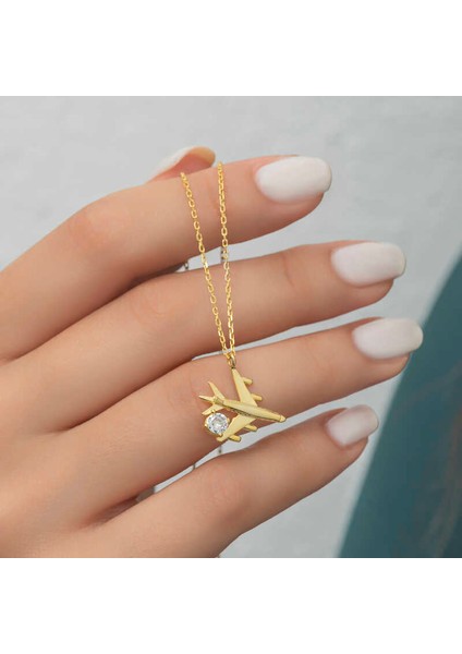 Gümüş Gold Tek Taşlı Uçak Kadın Kolye
