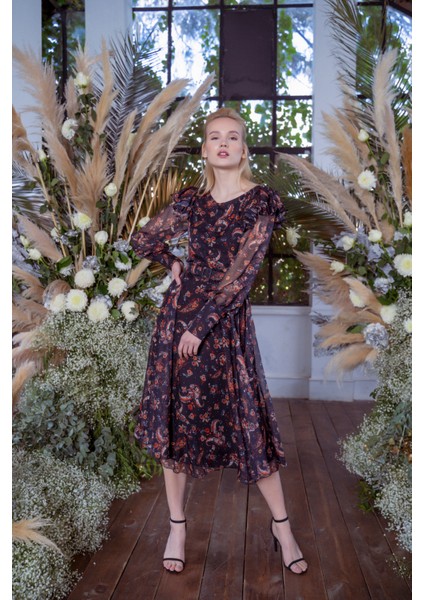 Kadın Balon Bol Fırfırlı Midi Elbise fiyatları