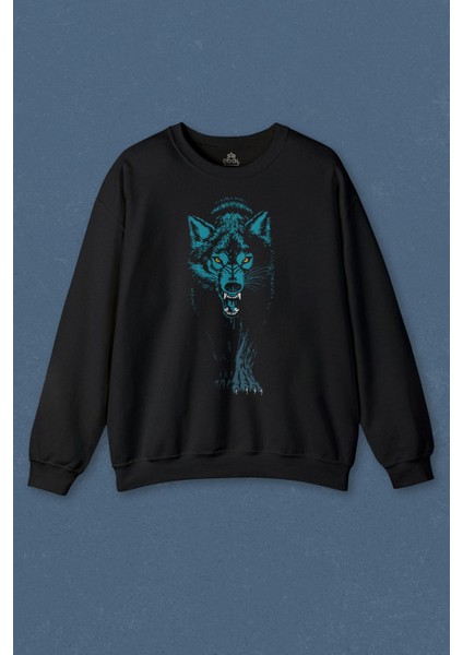 Unisex Sweatshirt Bozkurt Kurt Kafası Wolf Mavi Bozkurt Baskılı Sweat