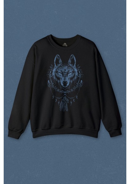 Unisex Sweatshirt Bozkurt Kurt Kafası Wolf Mavi Baskılı Sweat
