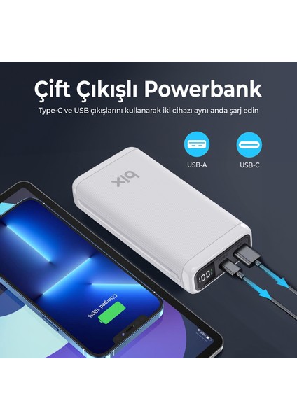 BXPB21 20000MAH Usb-A 22.5W ve Type-C Pd 20W Çift Çıkışlı LED Ekranlı Powerbank Beyaz