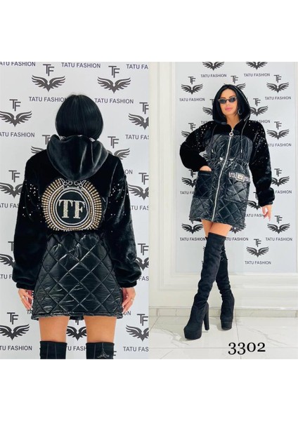 Yarı Peluş Crystal Taşlı Şişme Kaban - Siyah Gümüş