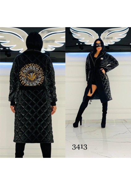 Sırtı Kanat Desen Crystal Taşlı Uzun Kaban - Siyah Gold