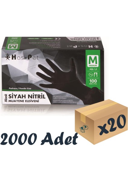 Has-Pet Siyah Nitril Pudrasız Eldiven Medium 100’LÜ 20 Paket 2000 Adet