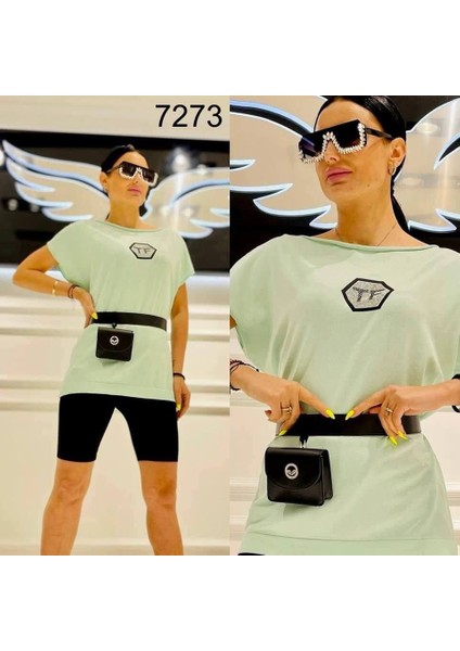 Omuz Açık Şortlu Takım - Mint