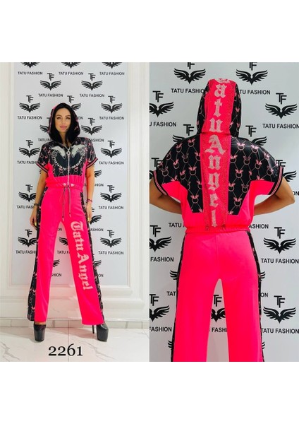 Sırt Full Taşlı Tatu Angel Crystal Taşlı Eşofman Takımı - Fuşya