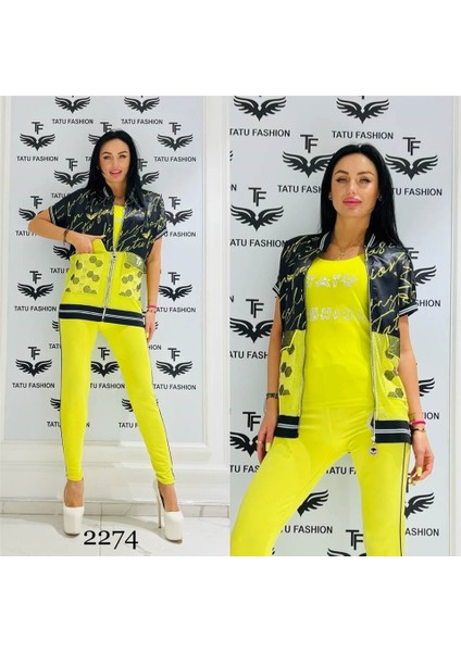 Cep Petek Detay Crystal Taşlı Üçlü Eşofman Takımı - Yeşil