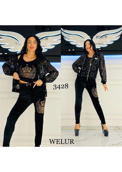 Ceket Pul Detay Crystal Taşlı Üçlü Kadife Takım - Siyah Gold