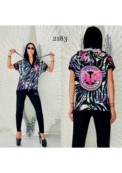 Tatu Angel Karışık Desen Crystal Taşlı Eşofman Takımı - Fuşya