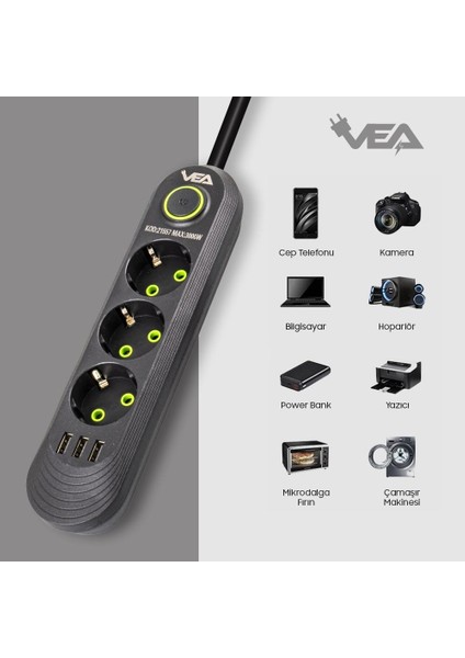 Siyah 3'lü Akım Korumalı Priz 3 USB Vea 1,5 Metre Elektronik Ürün Koruyucu Uzatma Kablosu