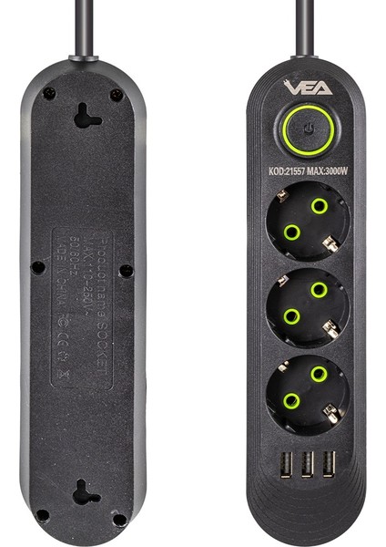Siyah 3'lü Akım Korumalı Priz 3 USB Vea 1,5 Metre Elektronik Ürün Koruyucu Uzatma Kablosu fırsatları