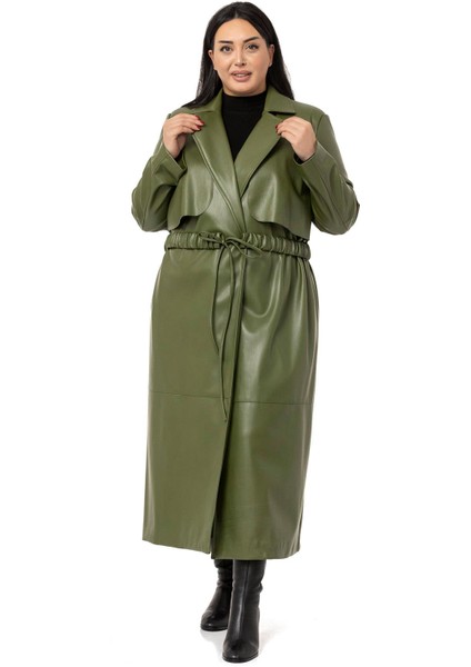 Büyük Beden Büzgülü Kemerli Rüzgarlıklı Uzun Deri Astarlı Haki Kaban