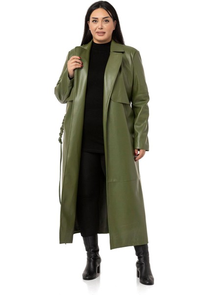 Büyük Beden Büzgülü Kemerli Rüzgarlıklı Uzun Deri Astarlı Haki Kaban fiyatları