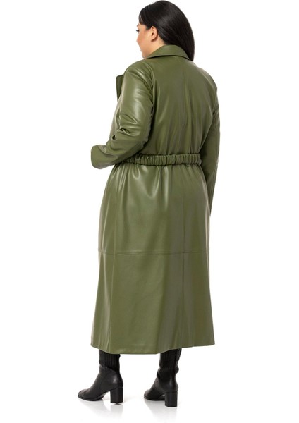 Büyük Beden Büzgülü Kemerli Rüzgarlıklı Uzun Deri Astarlı Haki Kaban modelleri