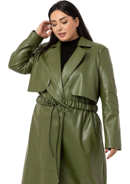 Büyük Beden Büzgülü Kemerli Rüzgarlıklı Uzun Deri Astarlı Haki Kaban fırsatları