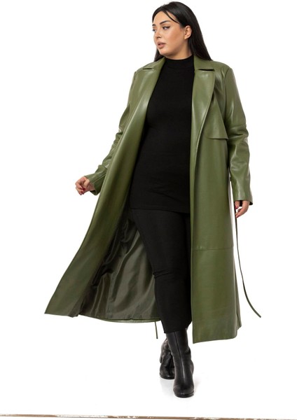 Büyük Beden Büzgülü Kemerli Rüzgarlıklı Uzun Deri Astarlı Haki Kaban indirimleri