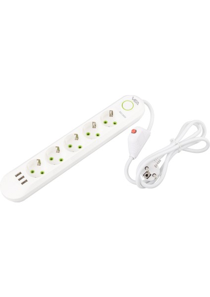 5'li Akım Korumalı Priz 1.5 Metre Uzatma Kablosu 3 USB Girişli Beyaz Renkli