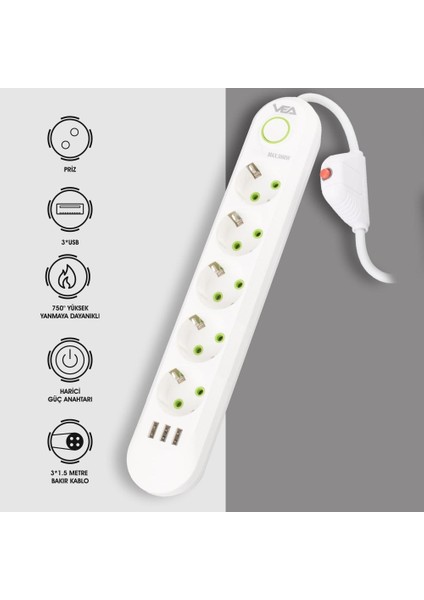 5'li Akım Korumalı Priz 1.5 Metre Uzatma Kablosu 3 USB Girişli Beyaz Renkli fiyatları