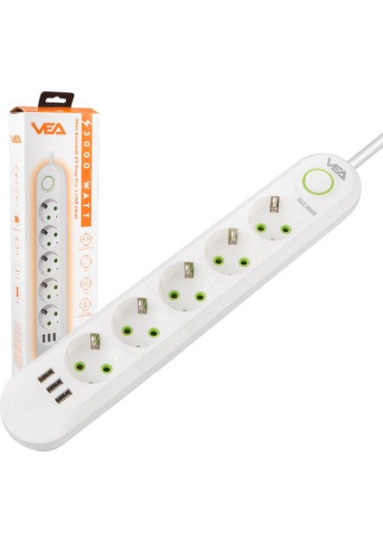 5'li Akım Korumalı Priz 1.5 Metre Uzatma Kablosu 3 USB Girişli Beyaz Renkli indirimleri