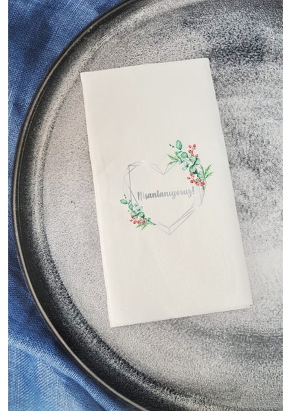 Sunum Peçetesi Nişanlanıyoruz Gümüş-Yeşil Konsept Konuşan Kağıt Peçete